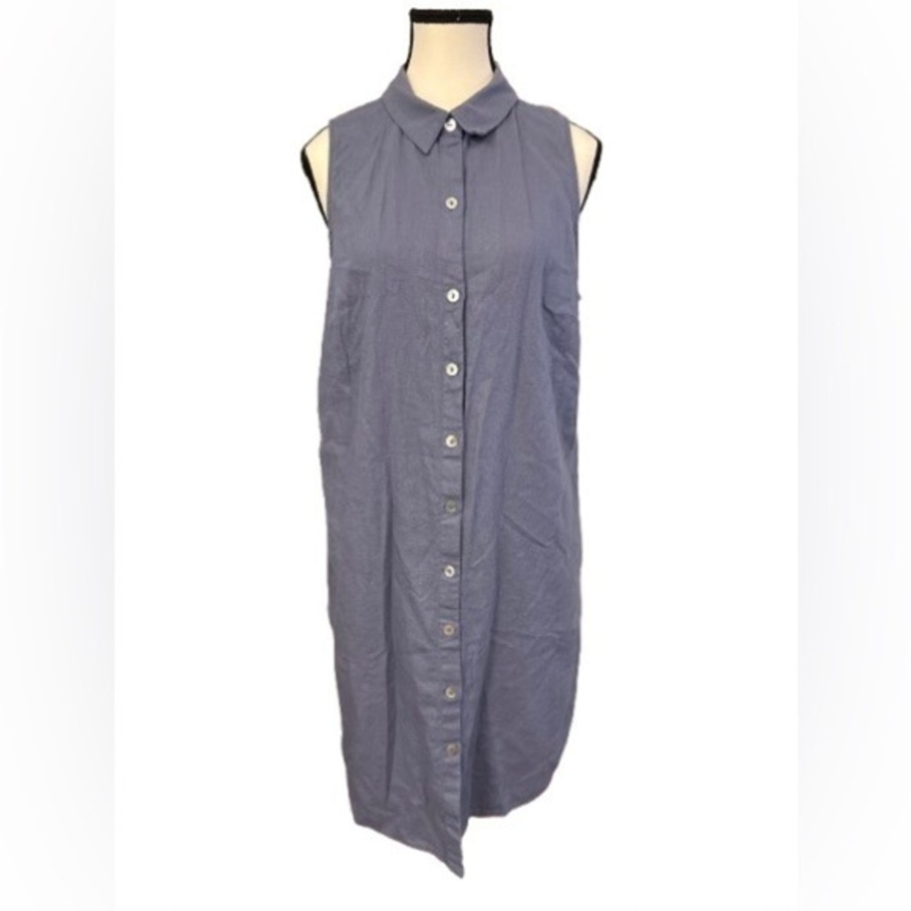 Women’s Linen Blend Sleeveless Button Down Collared Dress- Purple Blue Size L